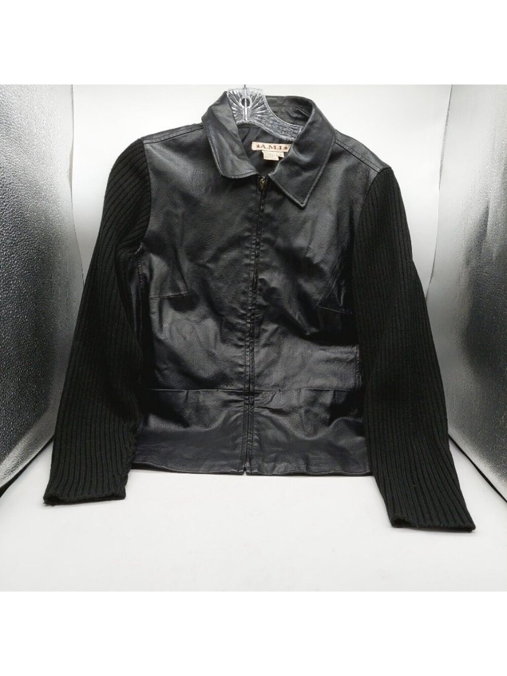 AMI Leather Biker Moto Jacket Womens Black Pebble Leather Size Medium